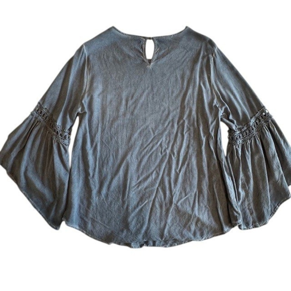 Spense Oil Wash Bell Sleeve Top Crochet Trim Long Sleeve‎ Blouse Blue Size L